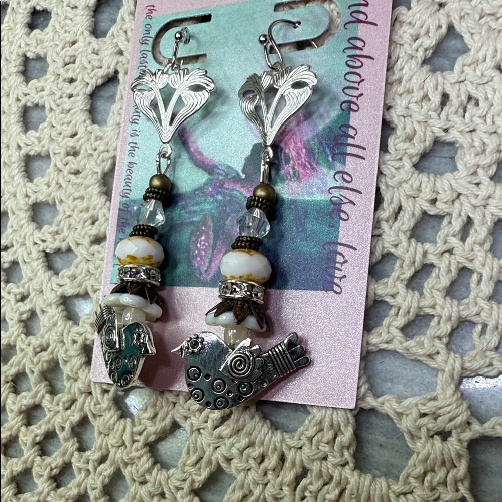 Silver Tone Bird Dangle Earrings - image 3